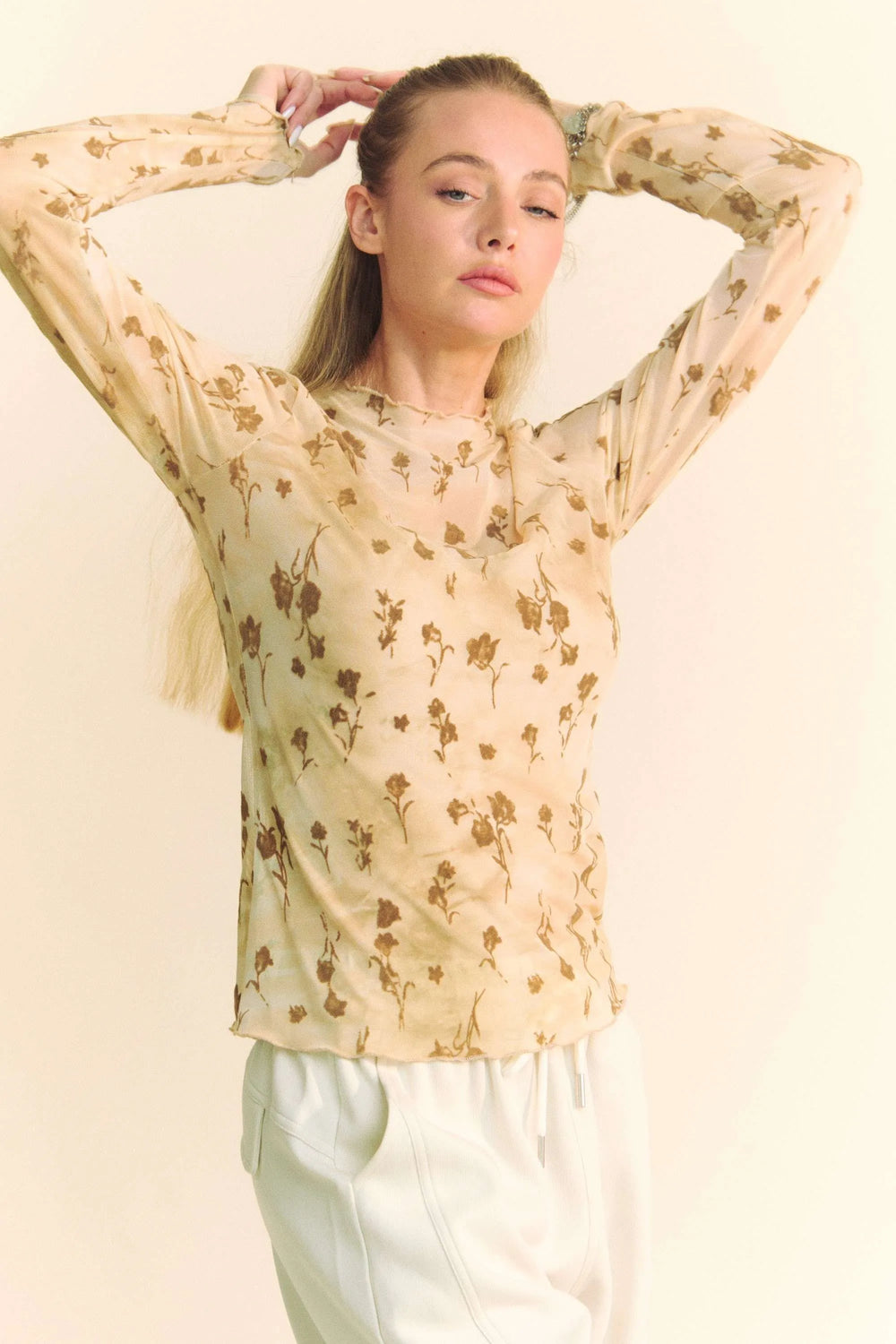 Cream Latte Davi Dani Floral Mesh Long Sleeve Sheer Layering Top