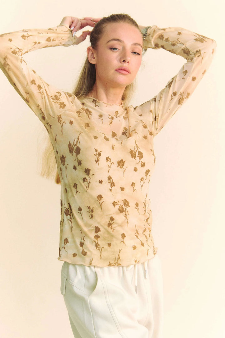 Cream Latte Davi Dani Floral Mesh Long Sleeve Sheer Layering Top