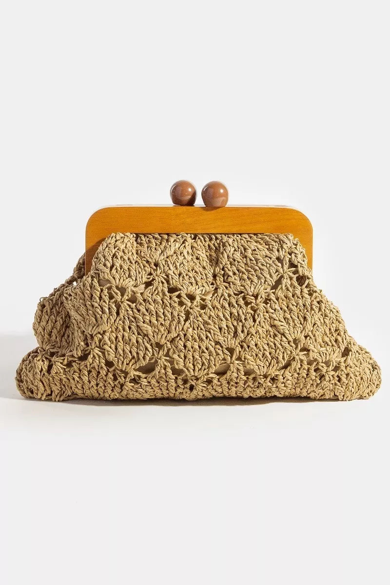 Ka Fame Straw Braided Wooden Frame Clutch Bag