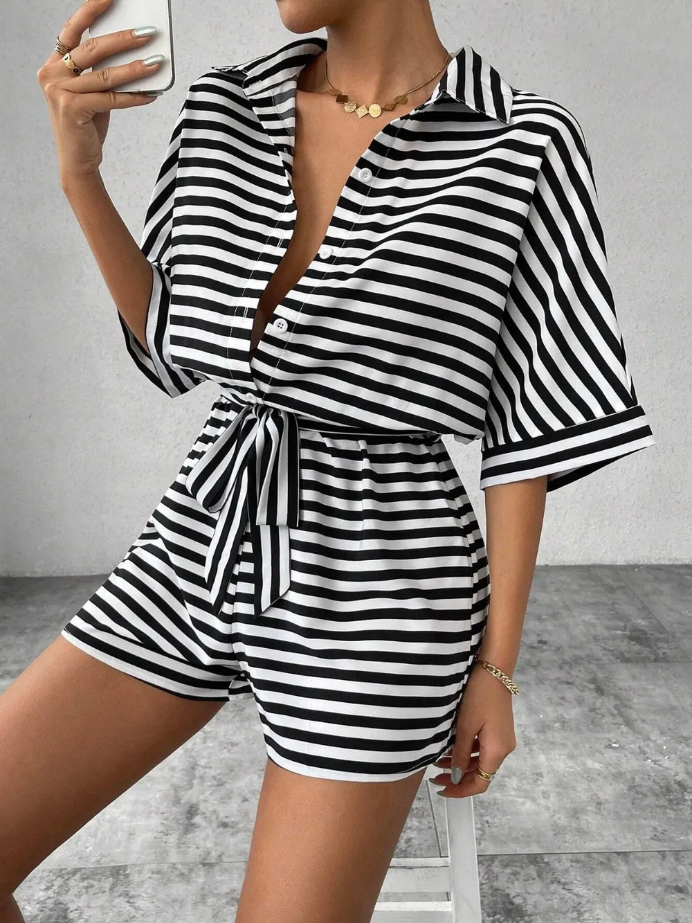 Black Tie Waist Half Button Striped Romper