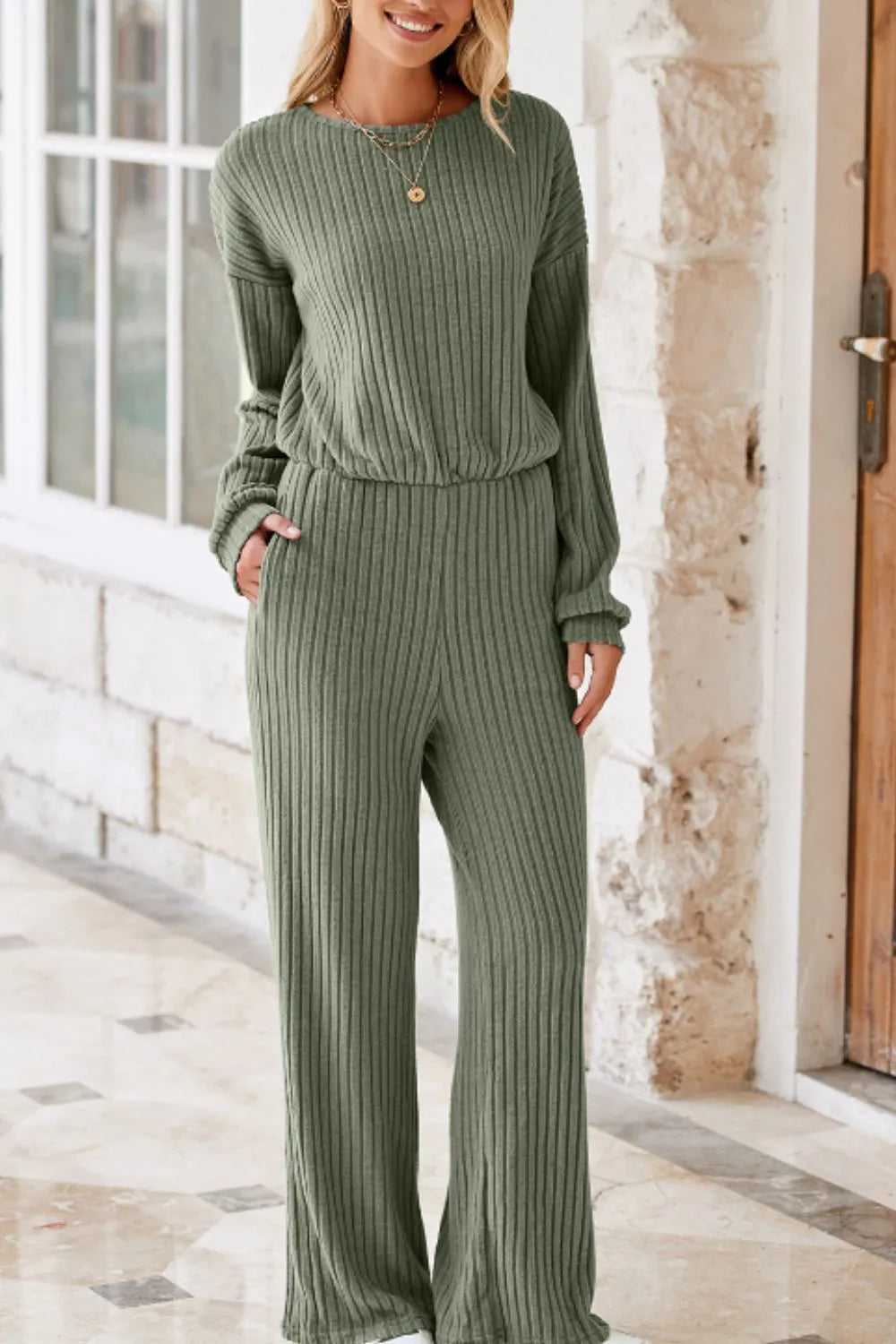 Sage Round Neck Long Sleeve Jumpsuit