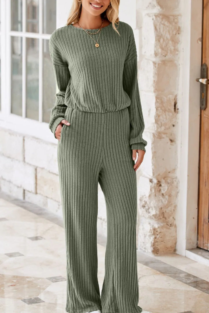 Sage Round Neck Long Sleeve Jumpsuit