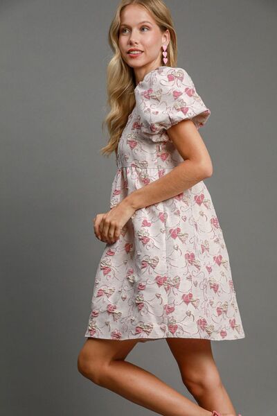 Pink Umgee Heart Jacquard Square Neck Puff Sleeve Mini Dress 1