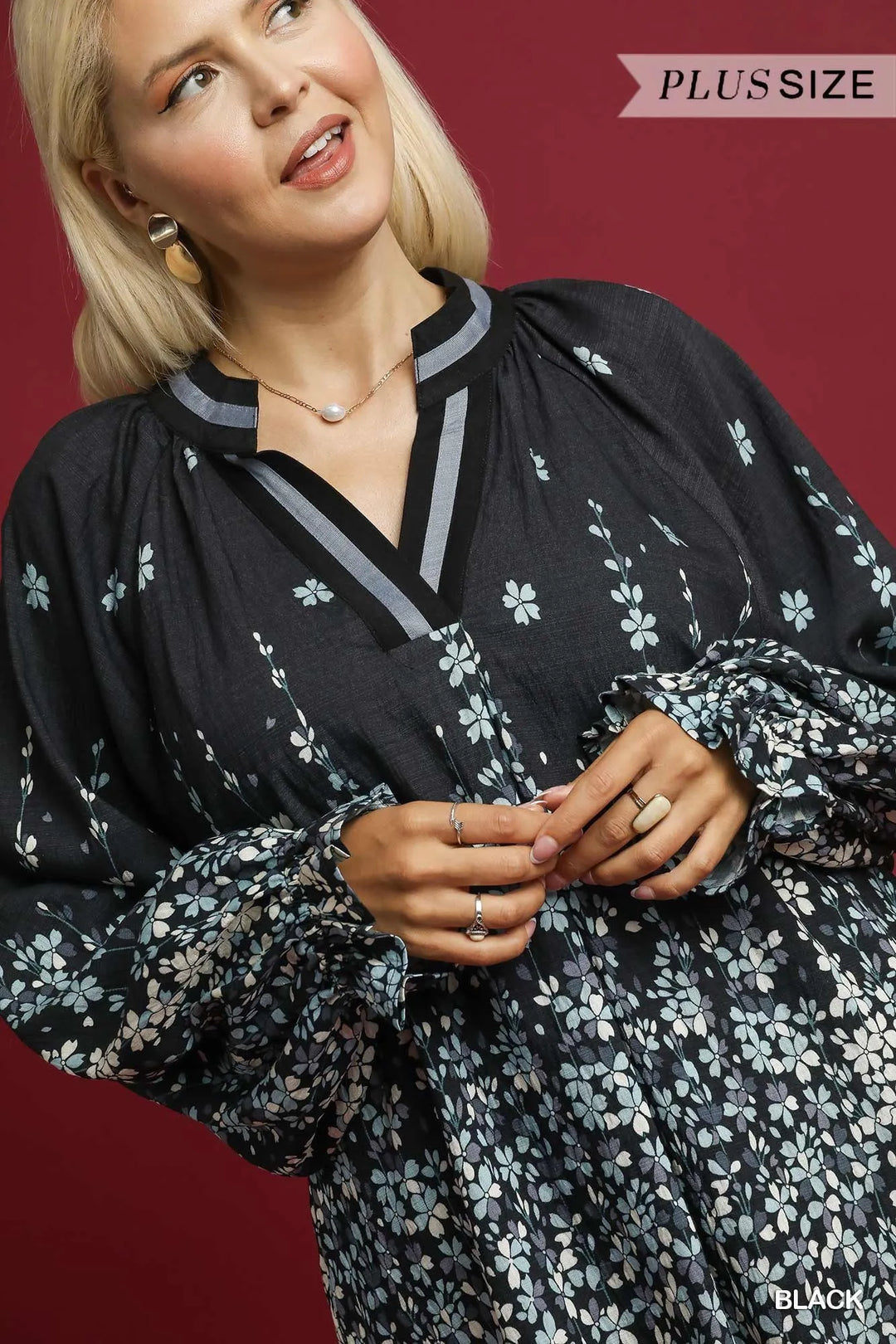 Umgee Full Size Floral Vine Print Blouse With Balloon Sleeves Plus Size