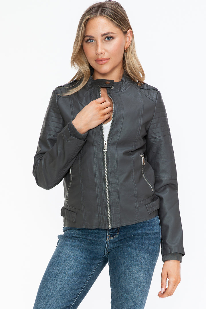 Snobbish Pu Leather Biker Jacket With Side Zip Pockets