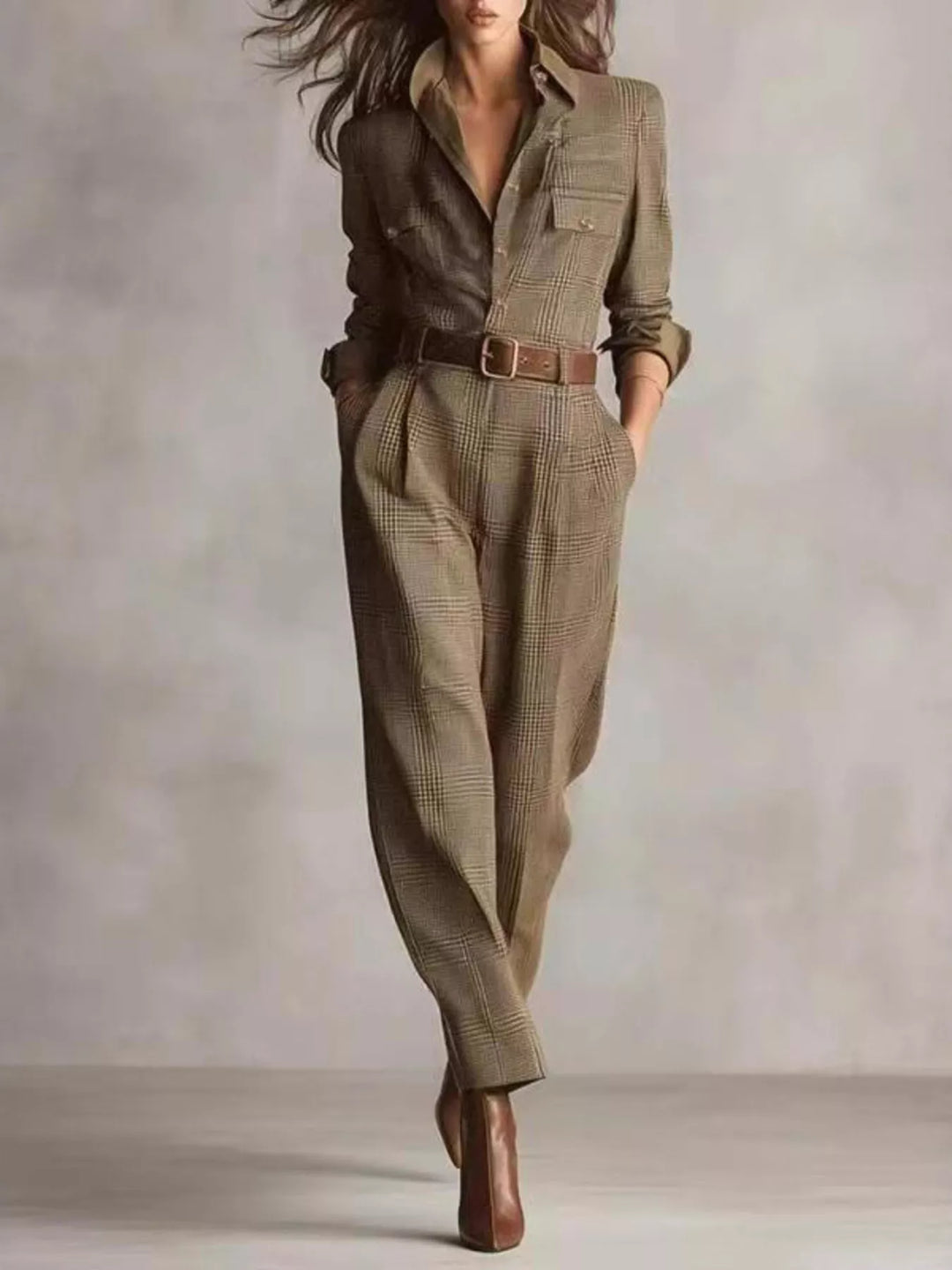 Grid Button Front Long Sleeve Jumpsuit