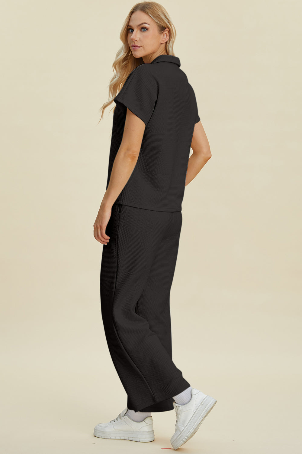 Black Double Take Full Size Collared Neck Short Sleeve Top And Pants Set