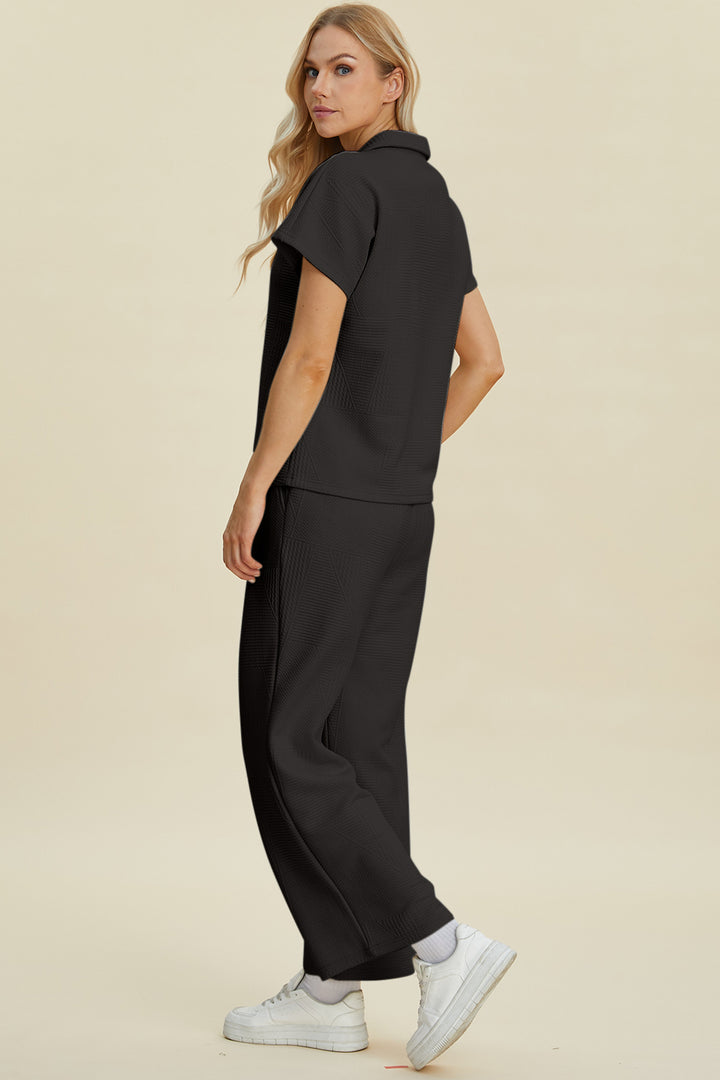 Black Double Take Full Size Collared Neck Short Sleeve Top And Pants Set