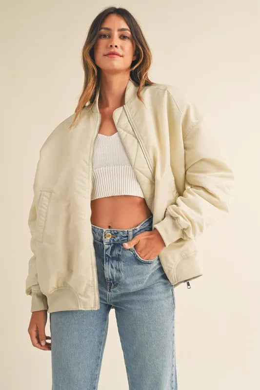 Ecru Mable Back Ruched Utiltiy Bomber Jacket