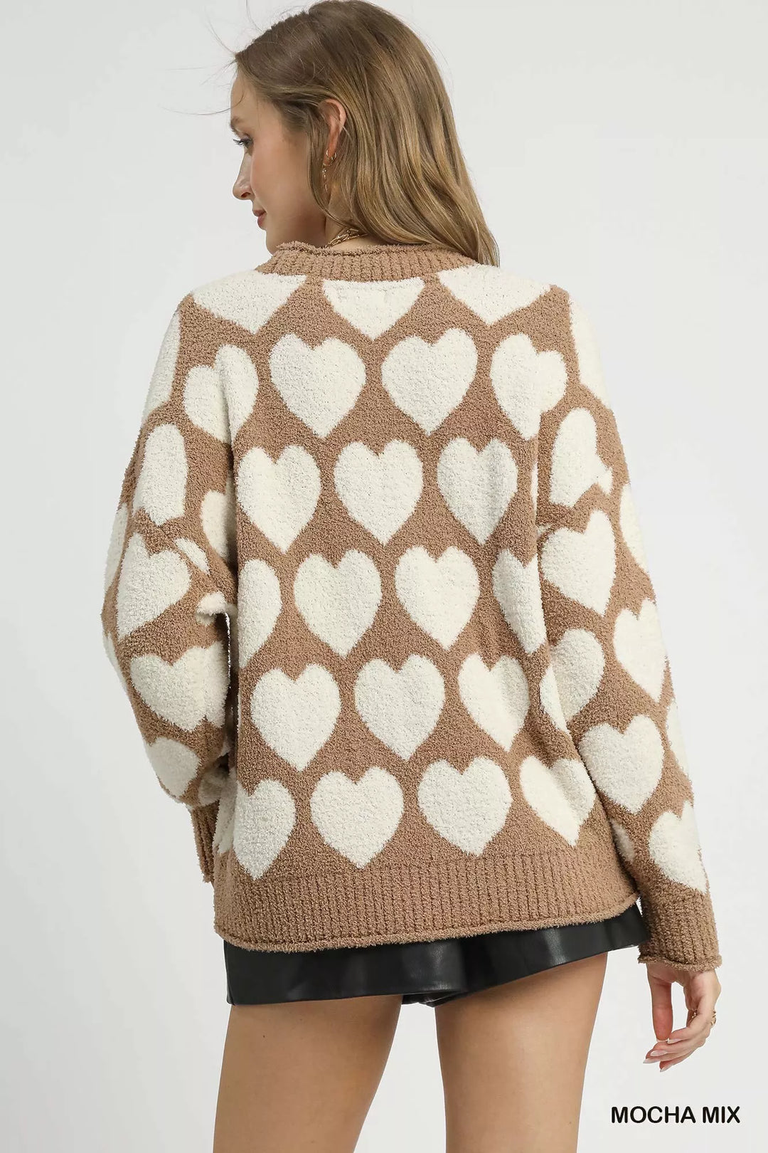 Mocha Mix Umgee Mix Heart Pattern Pearl Accent Sweater