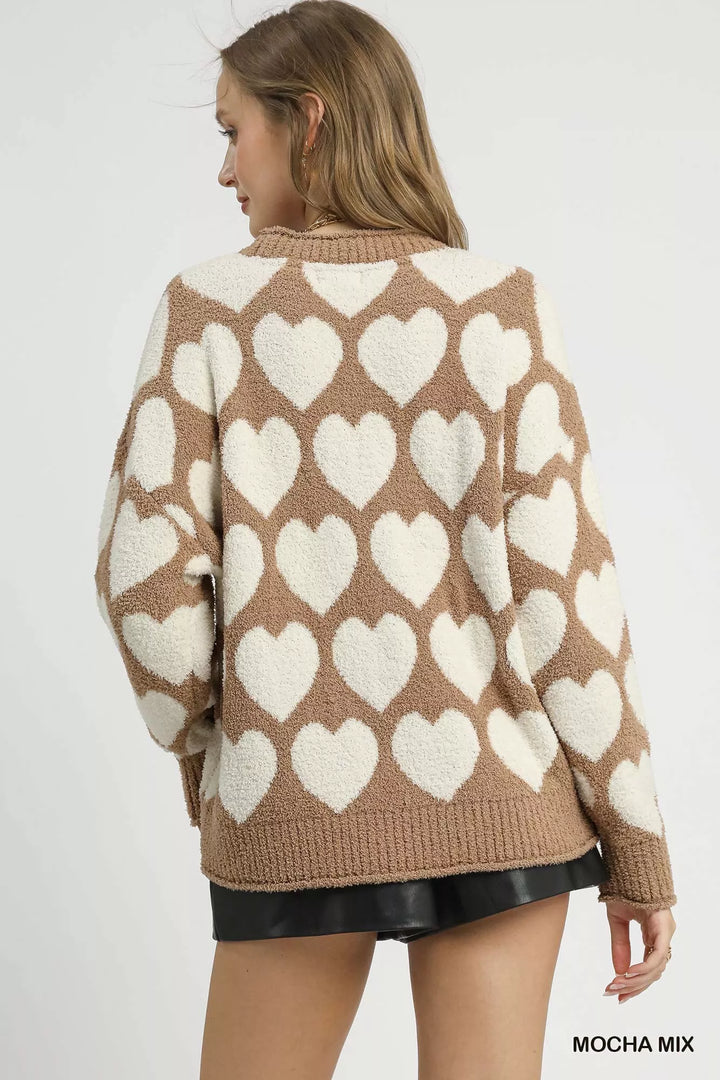 Mocha Mix Umgee Mix Heart Pattern Pearl Accent Sweater