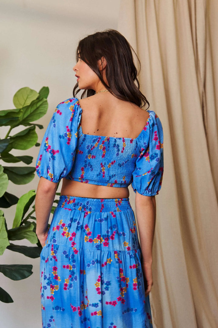 Davi Dani Smocing Bodice Puff Short Sleeve Printed Crop Top