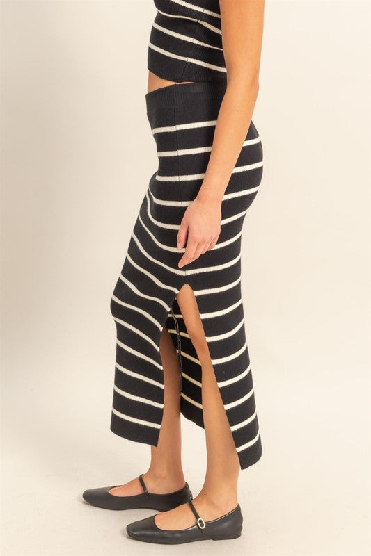 Black Hyfve Side Slit Striped Bodycon Sweater Skirt