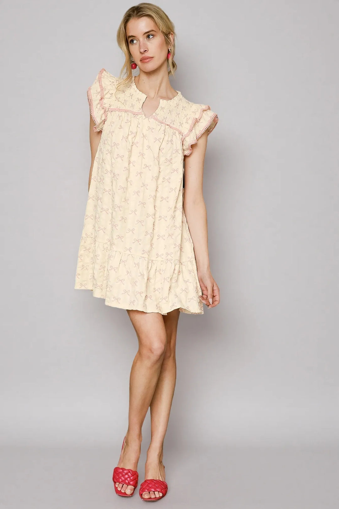 Pink / Cream Umgee Bow Print Ruffled Cap Sleeve Mini Dress 1