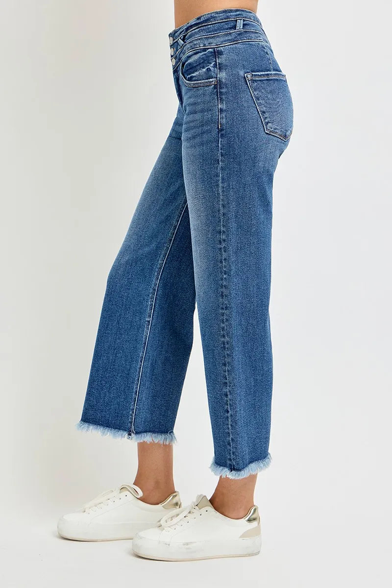 Dark Risen High Rise Crop Wide Leg Jeans With Wide Band Detail
