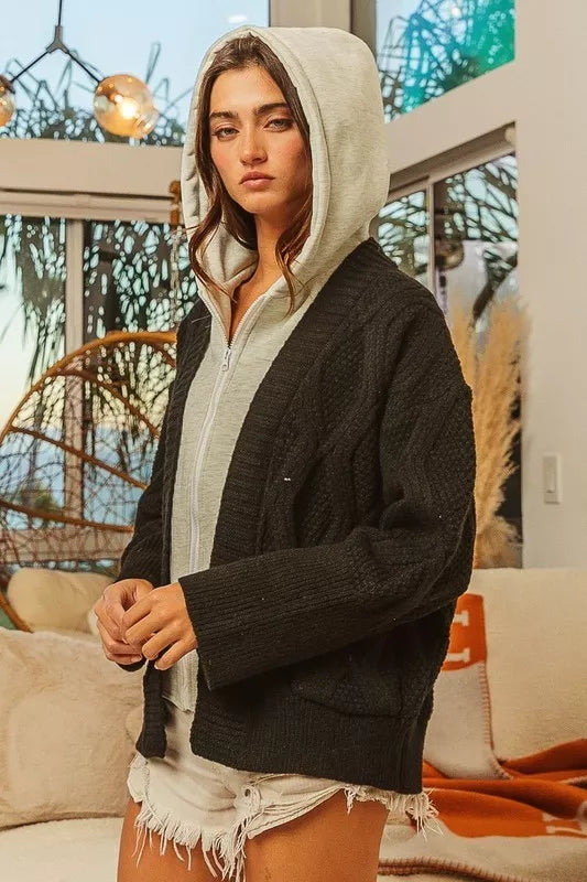 Black/Grey Bibi Knit Hoodie Rhombus Sweater Jacket