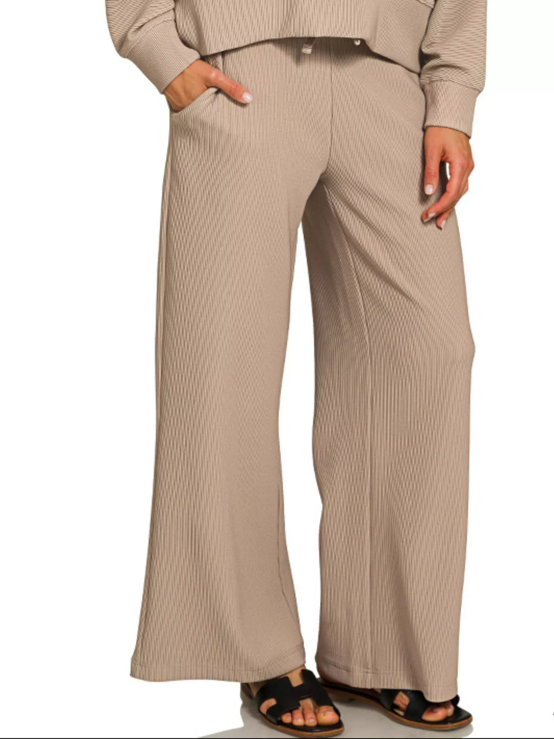 Ash Mocha Zenana Ribbed Round Neck Pullover And Drawstring Pants Set