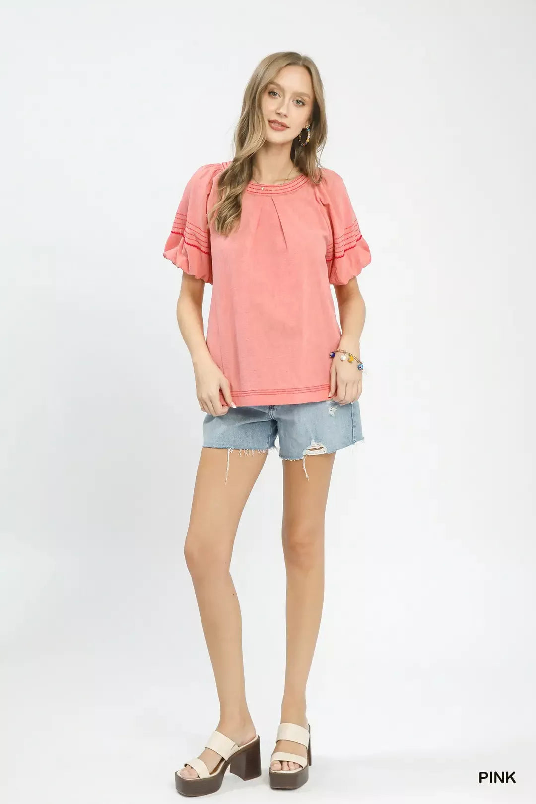 Umgee Round Neck Puff Sleeve Top With Contrast Stitch Detail 2