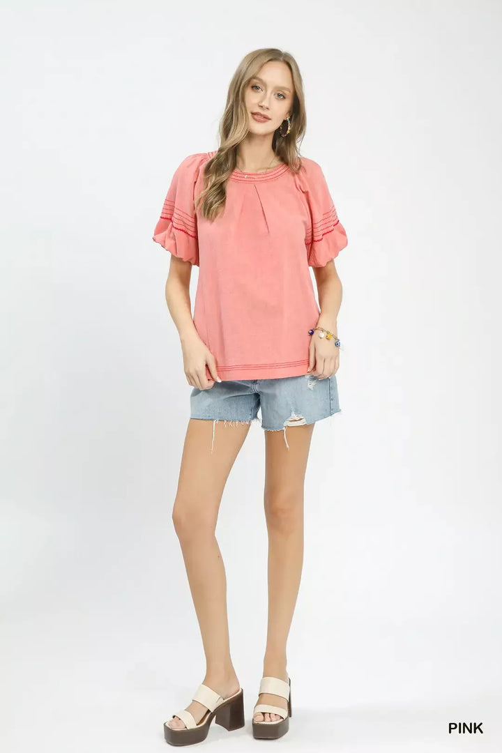 Umgee Round Neck Puff Sleeve Top With Contrast Stitch Detail 2