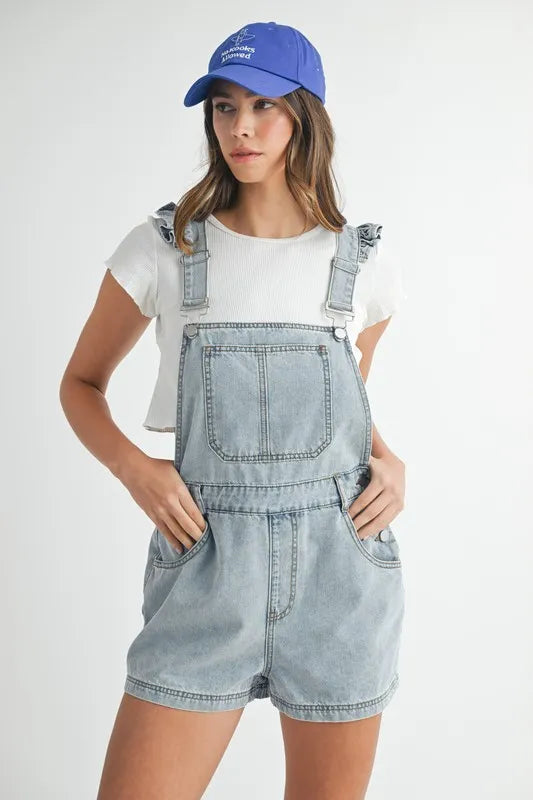 Lt Denim Mable Square Neck Ruffle Shoulder Denim Overall Romper