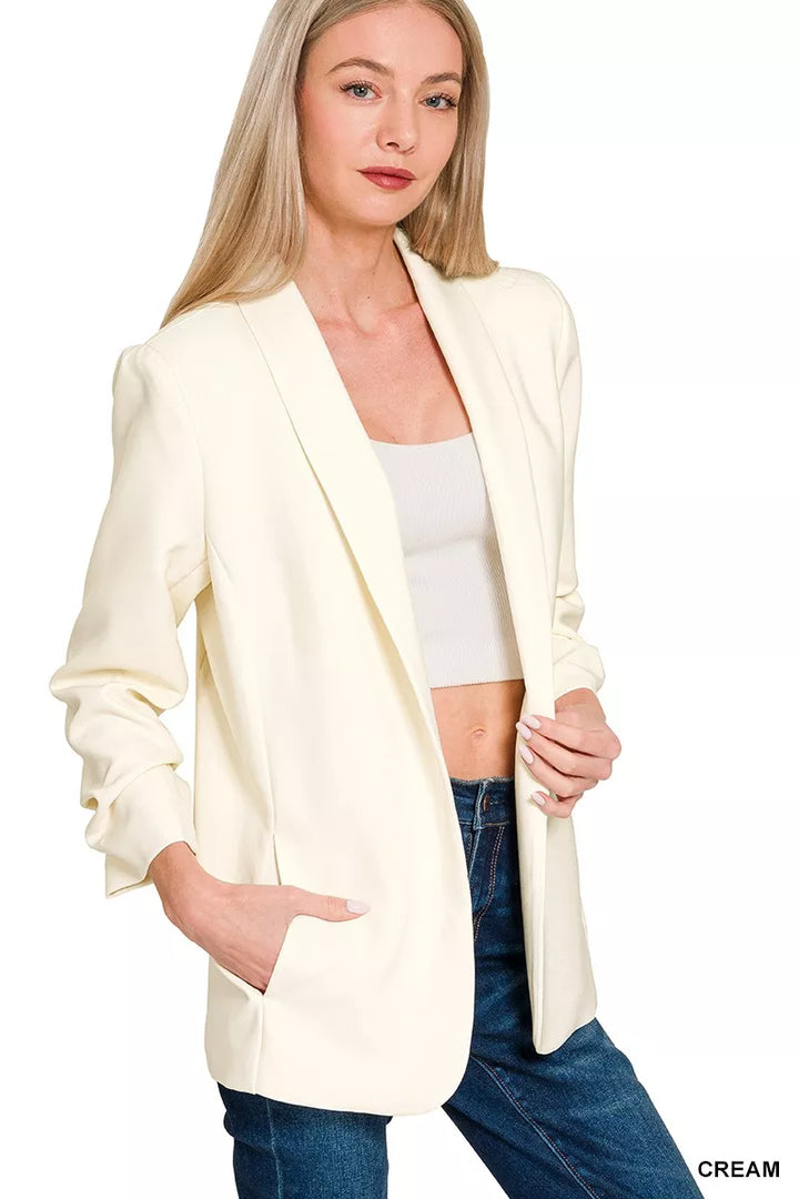 Cream Zenana Woven 3 4 Ruched Sleeve Open Front Classic Blazer 2