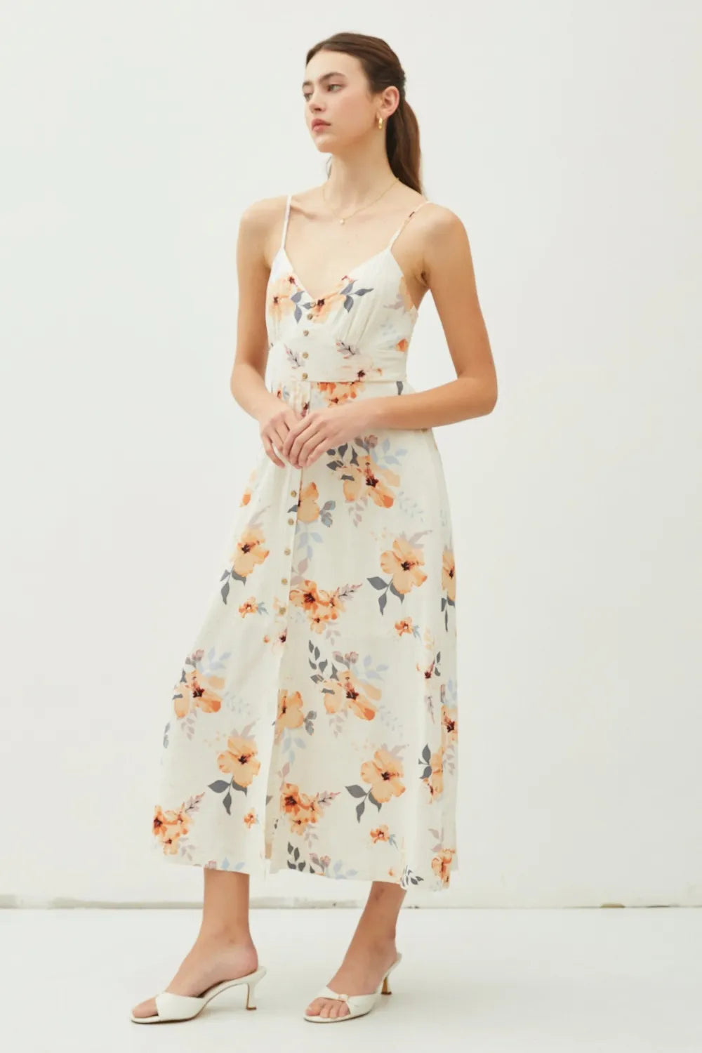 Peach Hibiscus Be Cool Floral Button Down Cami Midi Dress