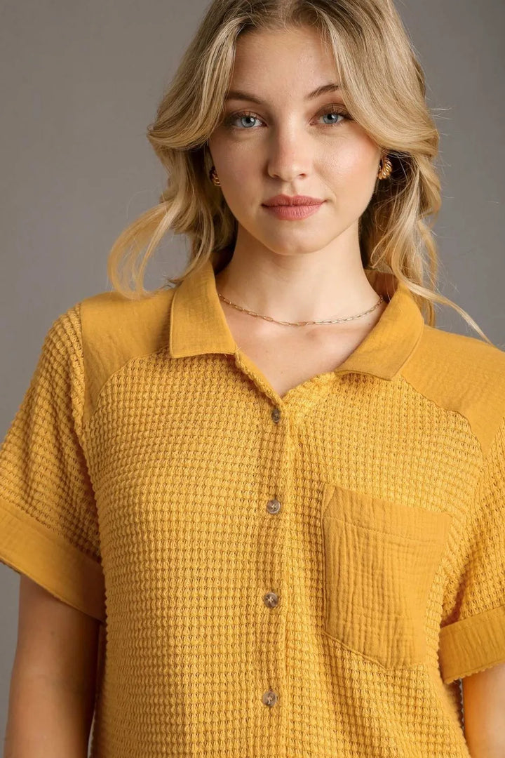 Yellow Umgee Full Size Waffle Knit Short Sleeve Button Down Shirt Plus Size