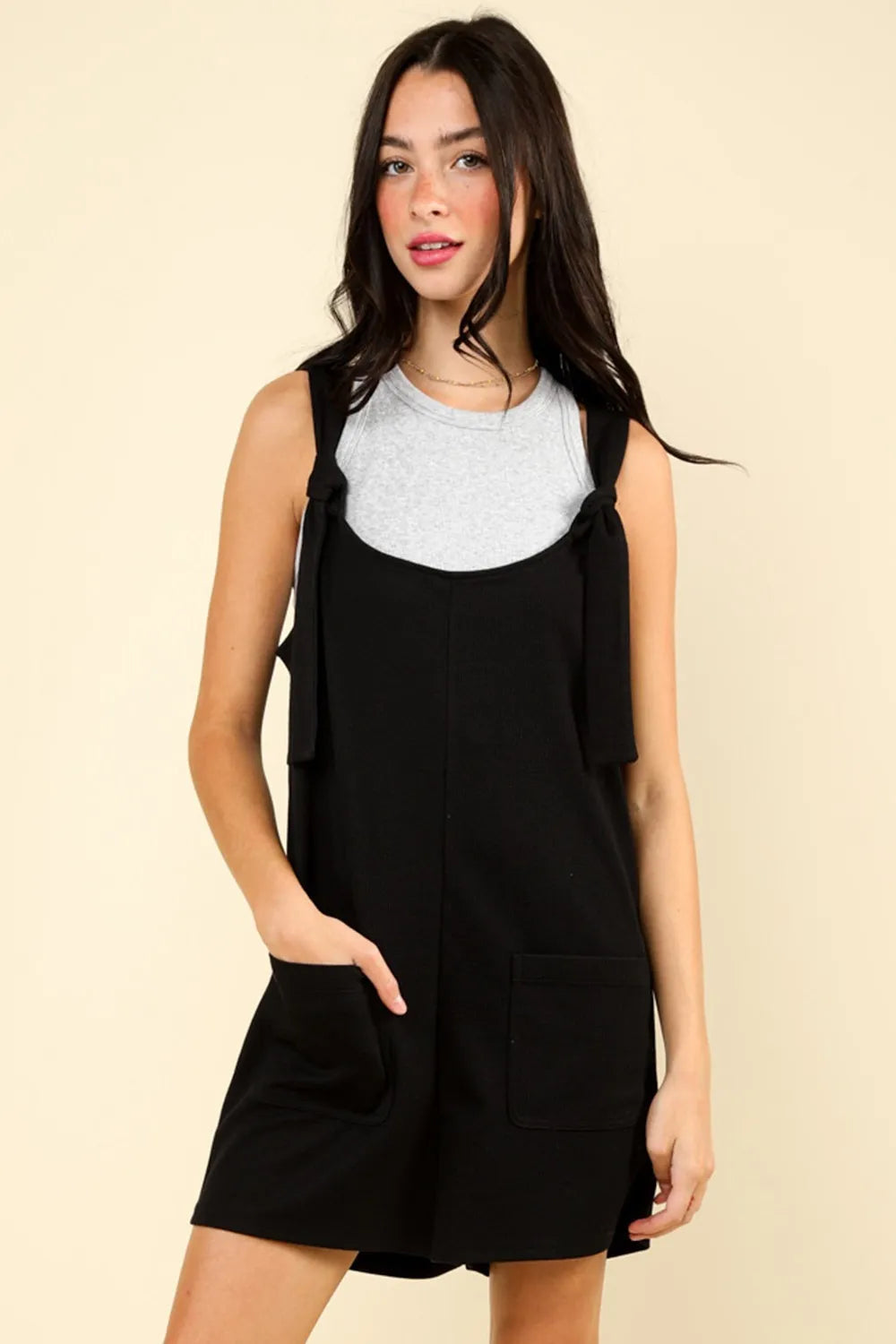 Black Very J Tie Shoulder Front Pocket Romper 1