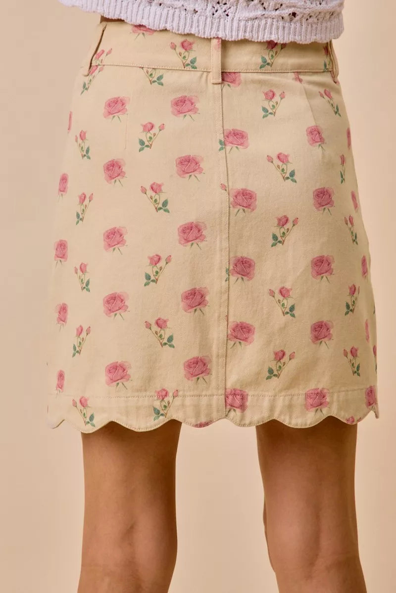 Ivory/Pink So Me Floral Rose Print Cotton Twill Scallop Mini Skirt
