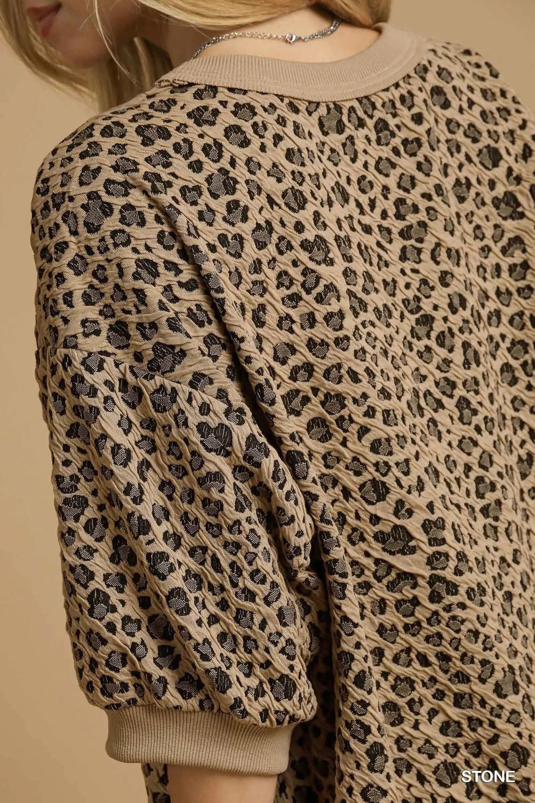 Umgee Leopard Knit Jacquard Puff Sleeve Sweatshirt