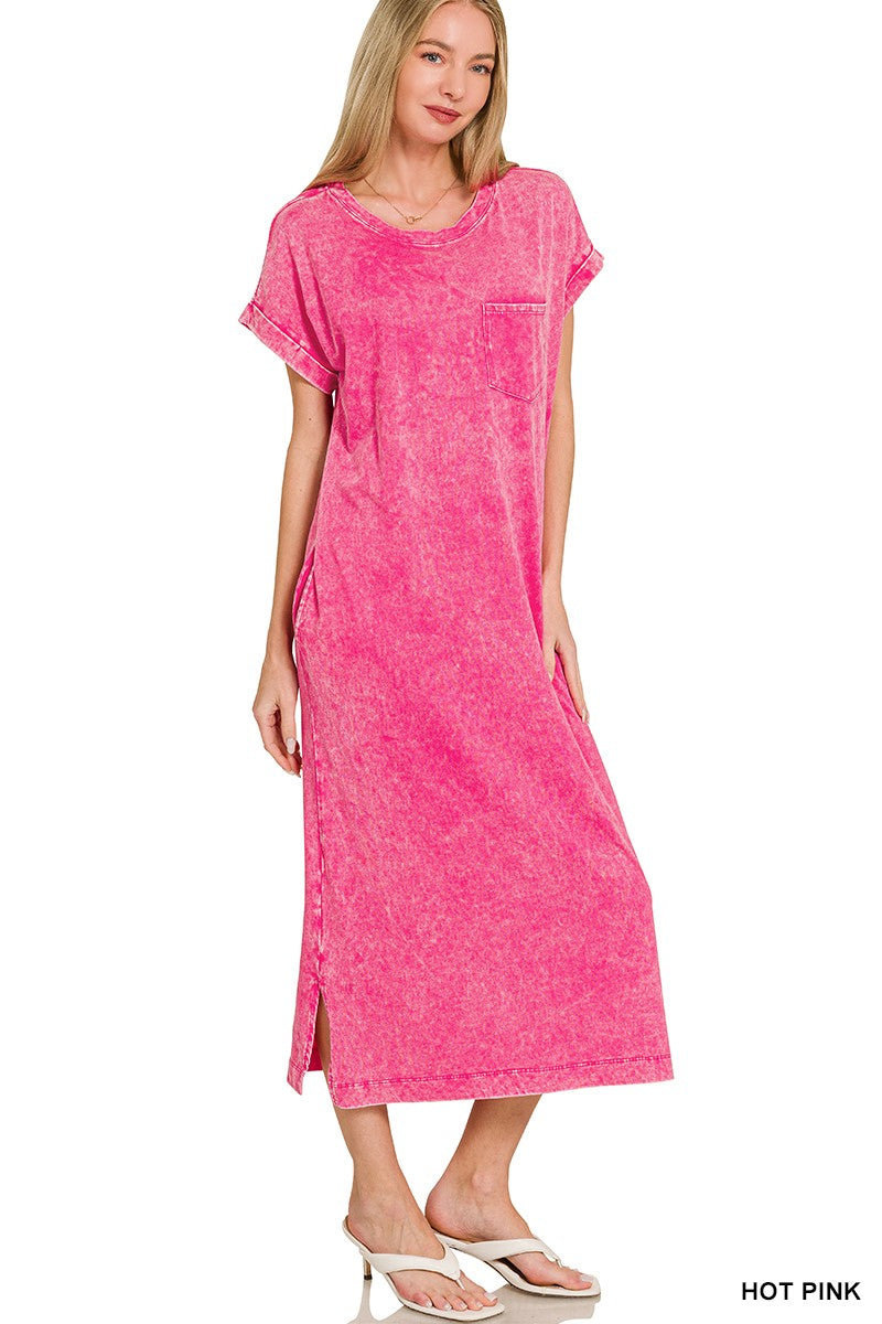 Hot Pink Zenana Washed Exposed Seam Short Sleeve T Shirt Dress 2