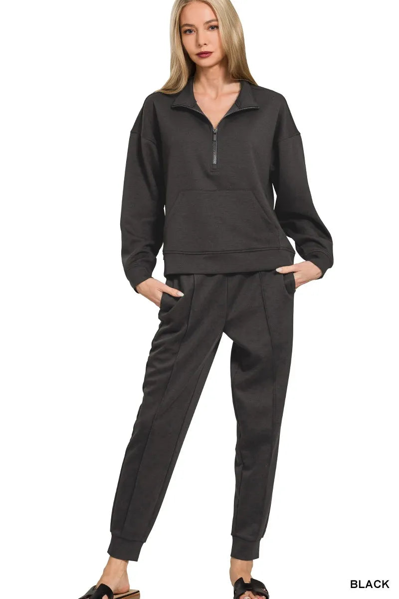 Black Zenana Scuba Half Zip Sweatshirt And Joggers Set