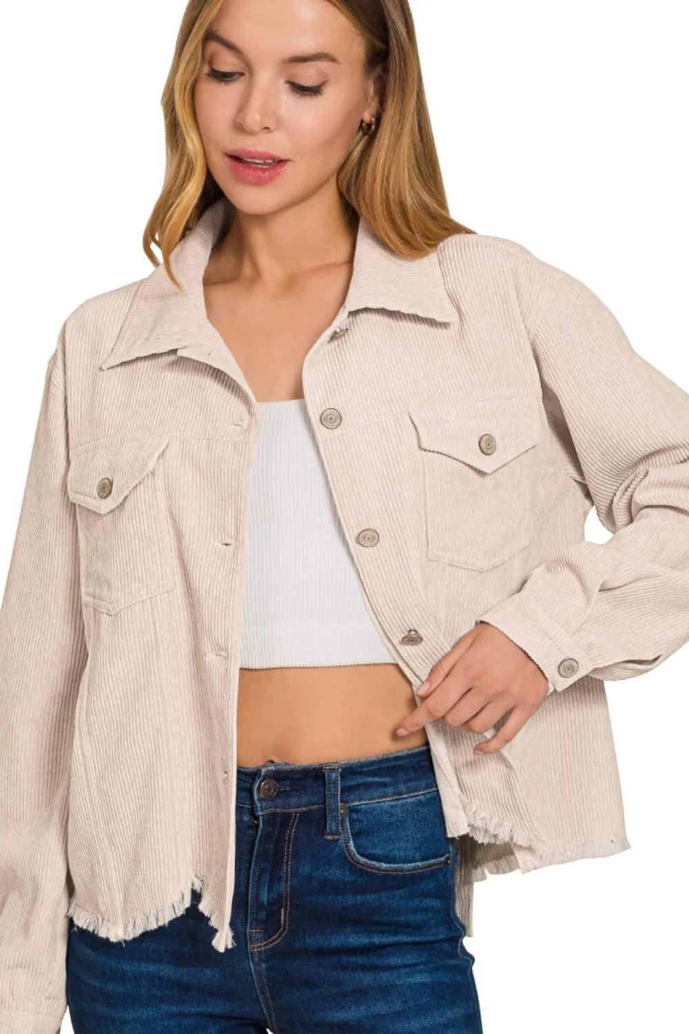 Sand Beige Zenana Distressed Corduroy Frayed Hem Cropped Jacket 1