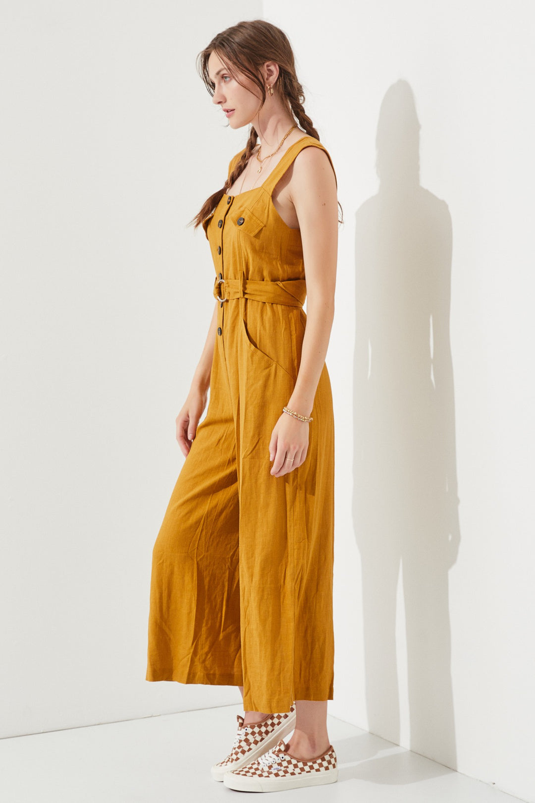 Mustard Sleeveless Square Neck Button Down Ankle Jumpsuit