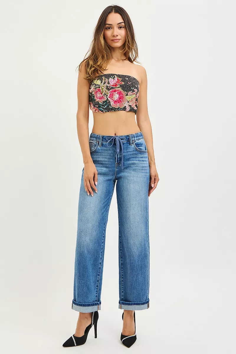 Medium Risen Elastic Band Slouch Ankle Boyfriend Cuffed Hem Jeans