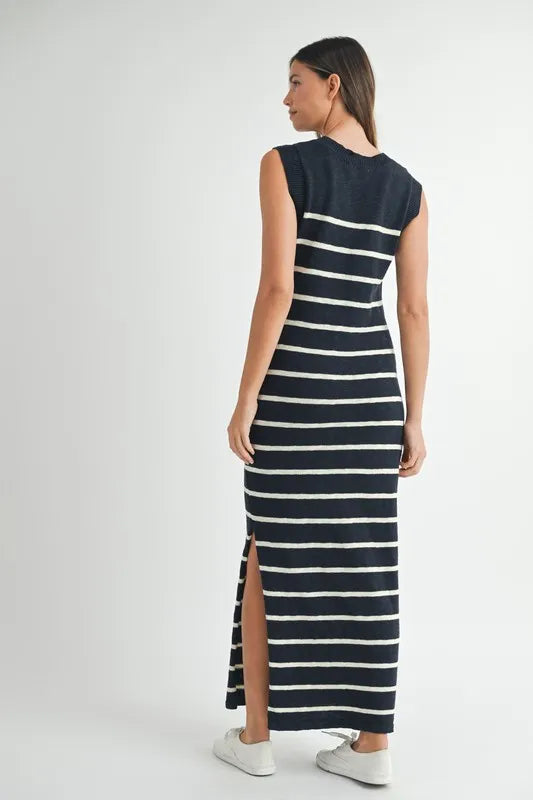 Navy Mable Sleeveless Stripe Sweater Maxi Side Slit Dress
