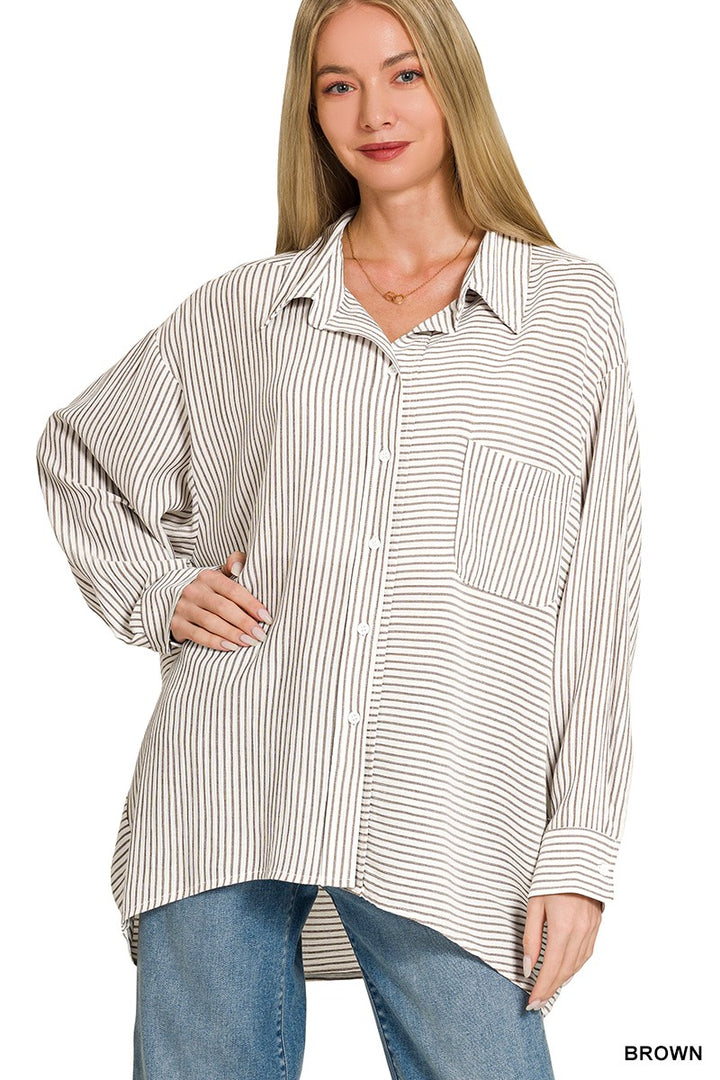 Brown Woven Stripe Button Down Shirt