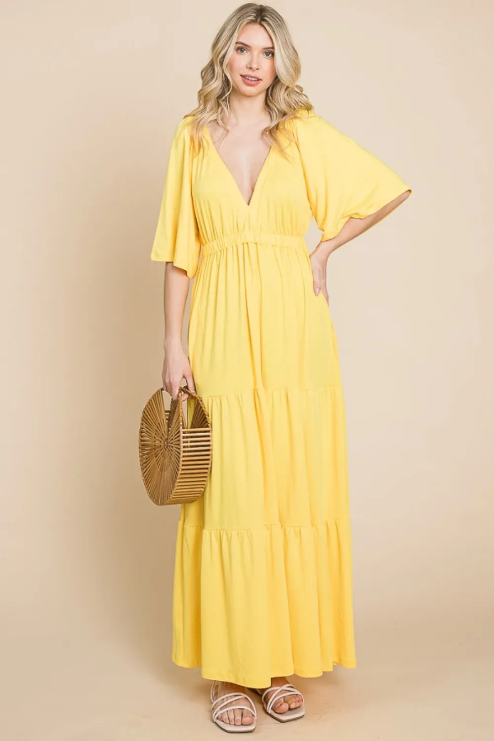 Lemonade Culture Code Backless Plunge Half Sleeve Tiered Dress
