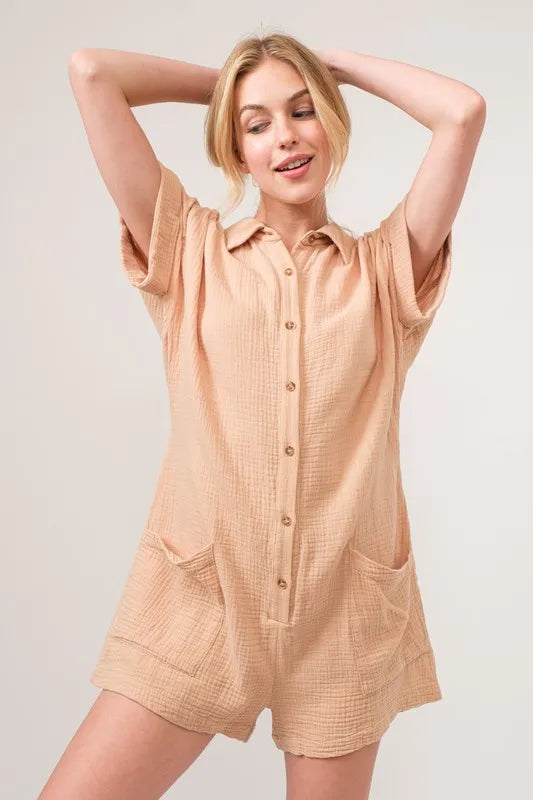 Beige And The Why Washed Gauze Roll Up Sleeve Comfort Utility Romper
