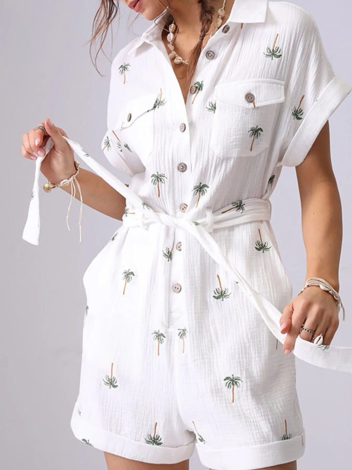 Palm Tree Print Short Sleeve Button Up Romper With Belt