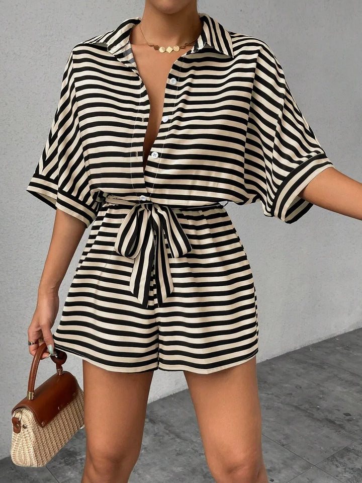 Tan Tie Waist Half Button Striped Romper