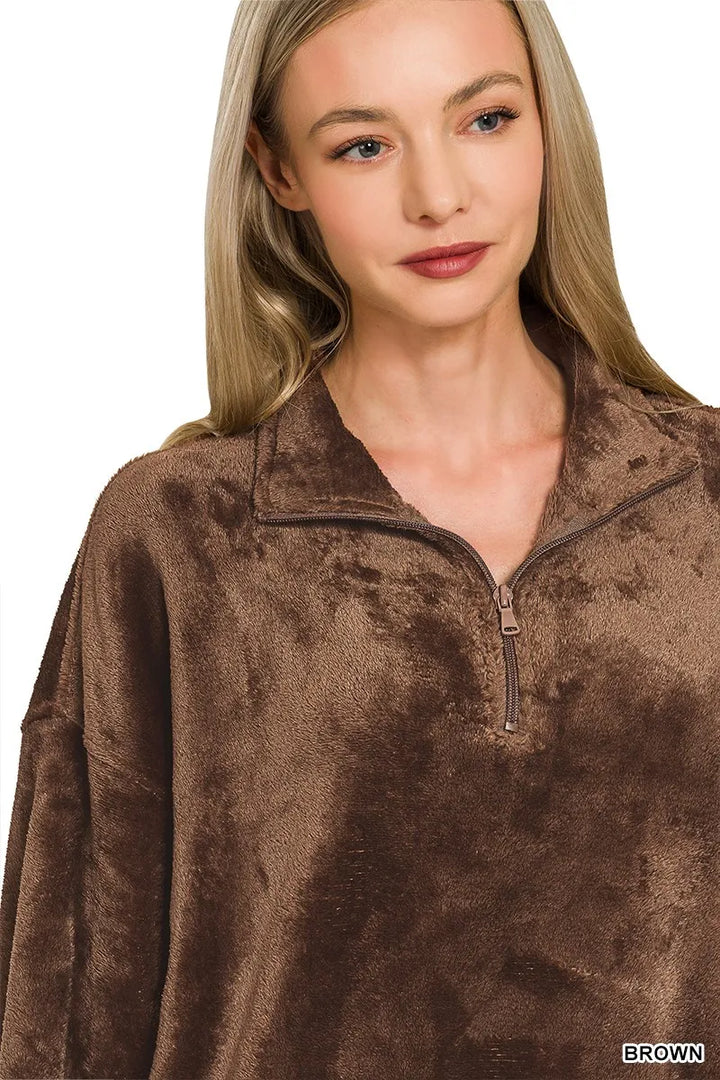 Zenana Faux Fur Half Zip Pocket Pullover 1