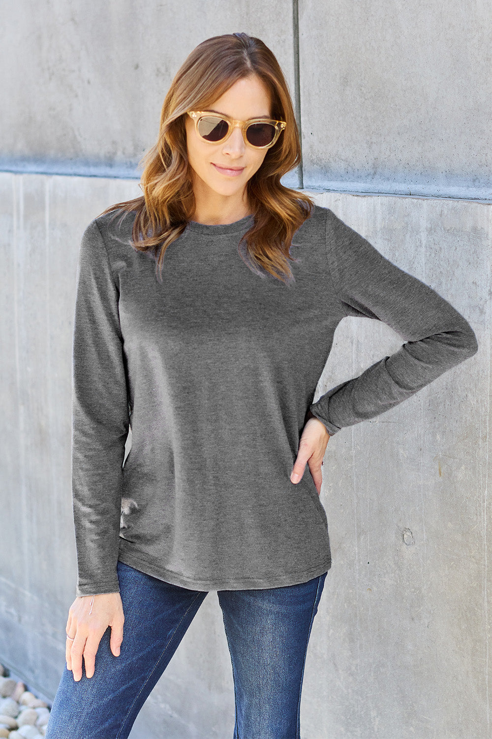Dark Gray Basic Bae Full Size Round Neck Long Sleeve Top