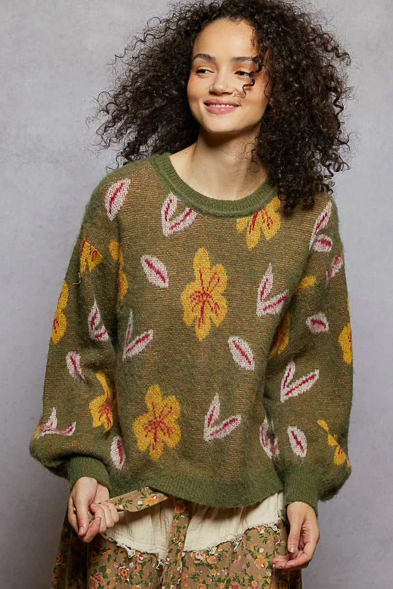 Olive Pol Floral Pattern Round Neck Balloon Sleeve Sweater