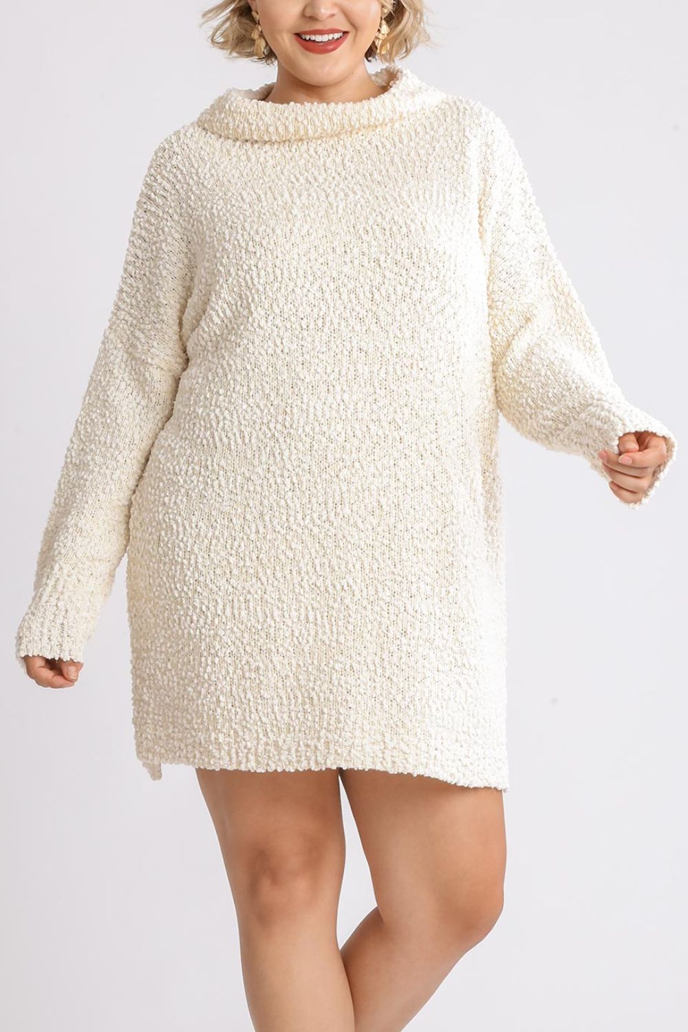 Cream Umgee Full Size High Low Long Sleeve Boucle Sweater Dress Plus Size