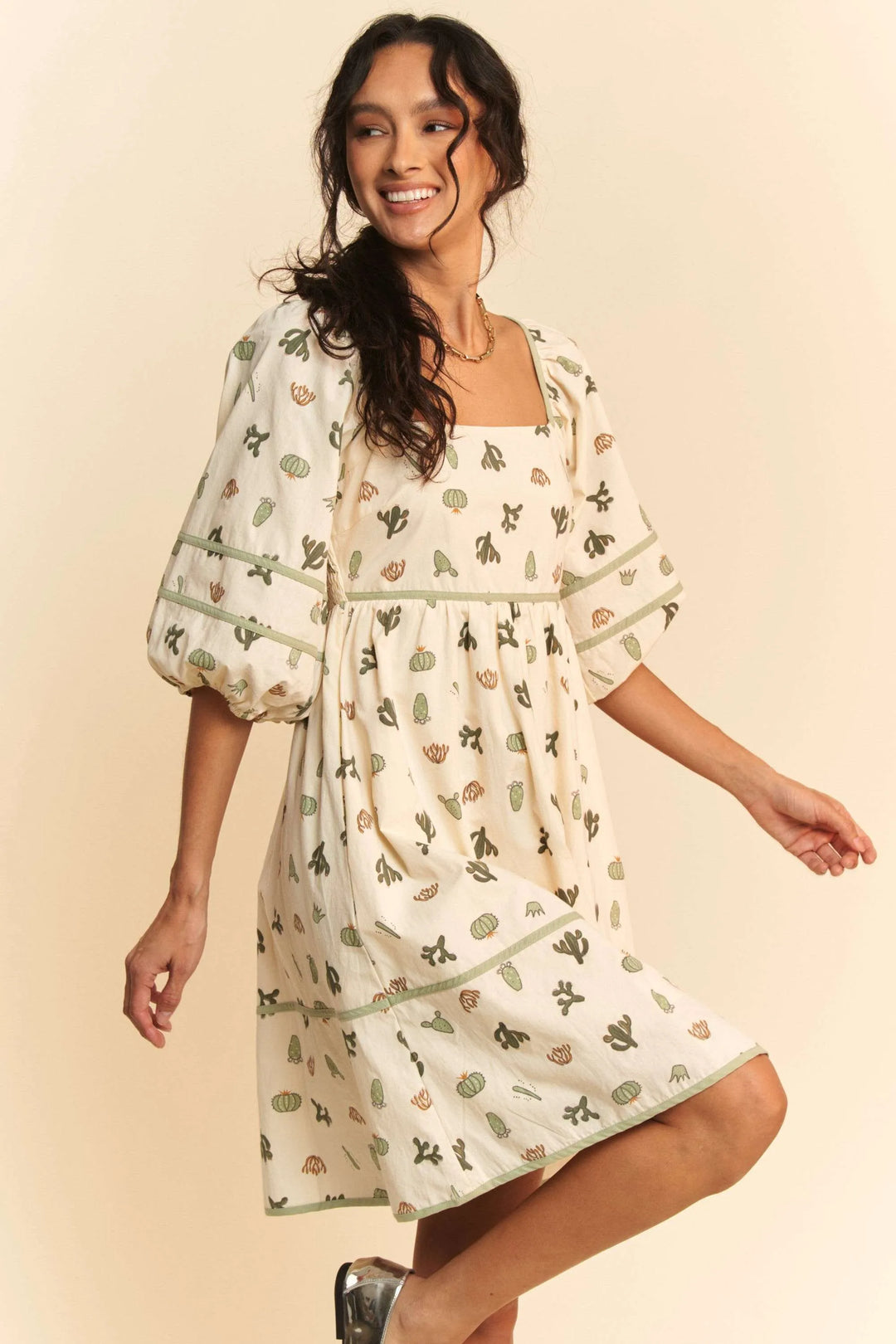 Davi Dani Cactus Printed Poplin Contrast Piping Mini Dress