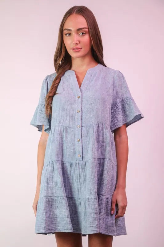 Denim Very J Mineral Washed Baby Bell Sleeve Woven Mini Dress