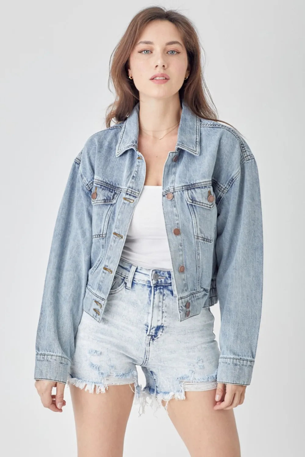 Light Risen Full Size Button Down Cropped Denim Jacket