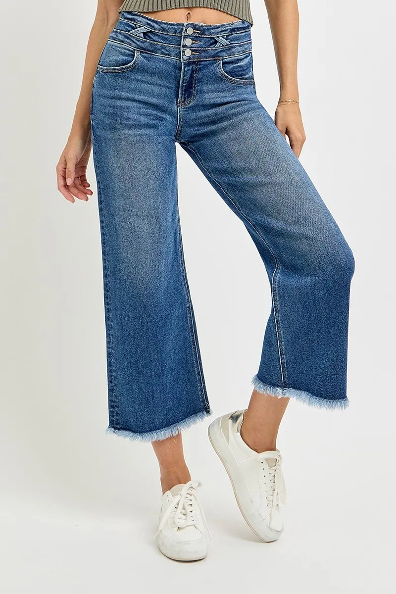 Dark Risen High Rise Crop Wide Leg Jeans With Wide Band Detail