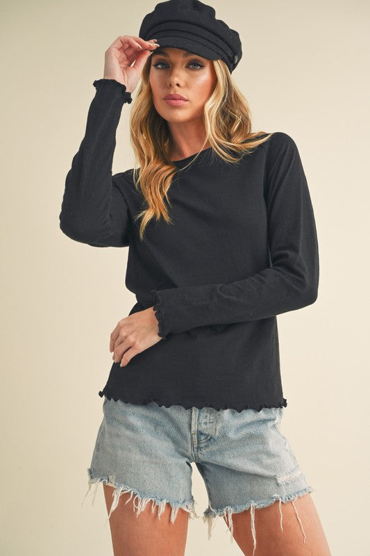 Black Aemi Co Lettuce Hemline Round Neck Raglan Sleeve T Shirt 2